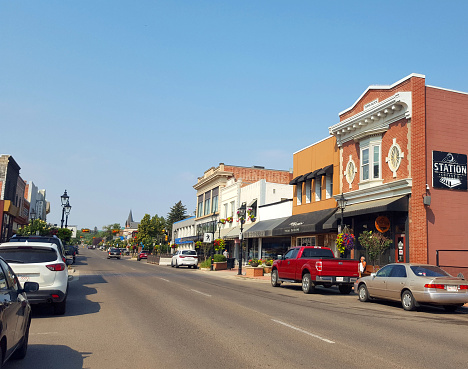 Medicine Hat, Alberta, Canada- June 28,2023:  Downtown Medicine Hat featuring in the foreground The Turpin Block which is one of the best refurbished Edwardian buildings in the city. Built in 1907.\nIt is component of a grouping of early Commercial buildings.