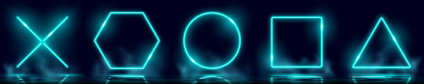 istock Neon circle, square, triangle and cross with bright shine on black background, neon effect, neon figures with reflection on wet floor, luminescence effect, retro style futurism, cyberpunk. 1540699378