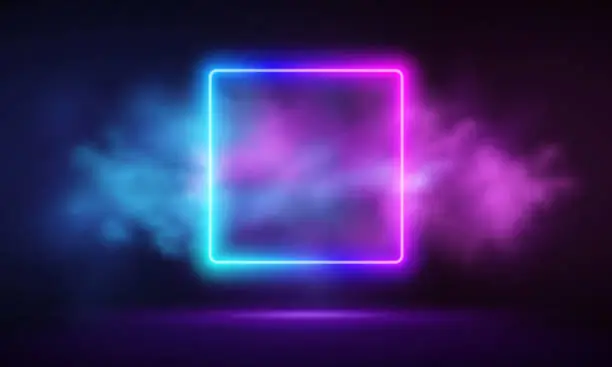 Vector illustration of Glowing neon pink square with vibrant fog abstract background. Electric light frame. Geometric fashion design vector illustration. Empty minimal art decoration. 80s neon square frame,  square shape, empty space, ultraviolet light