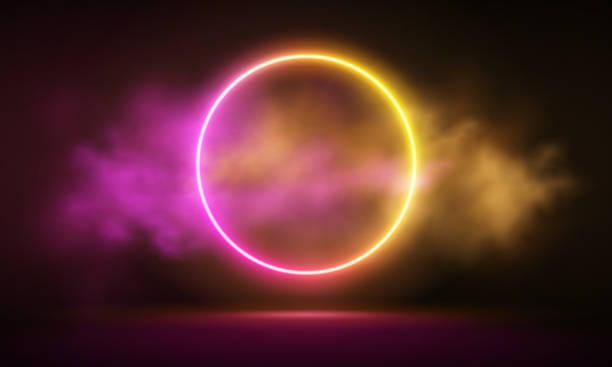 istock Glowing neon pink circle with vibrant fog abstract background. Electric light frame. Geometric fashion design vector illustration. Empty minimal art decoration. 80s neon circle frame,  ring shape, empty space, ultraviolet light 1540703172