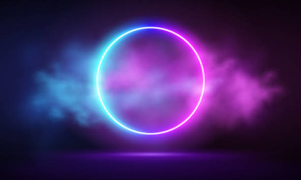 istock Glowing neon pink circle with vibrant fog abstract background. Electric light frame. Geometric fashion design vector illustration. Empty minimal art decoration. 80s neon circle frame,  ring shape, empty space, ultraviolet light 1540703184