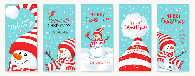 Christmas blue background with snowman and snowflakes. New year illustration. Christmas template for phone. Stories invitation.