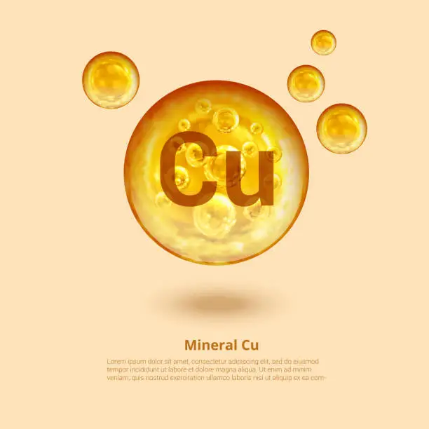 Vector illustration of Mineral Cu. Copper. Mineral Vitamin complex. Golden balls. Health concept. Cu Copper.