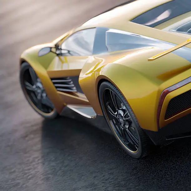 Close view of a golden sports car. Unique design, modelled entirely by myself. Very high resolution 3D render. All markings are fictitious.
