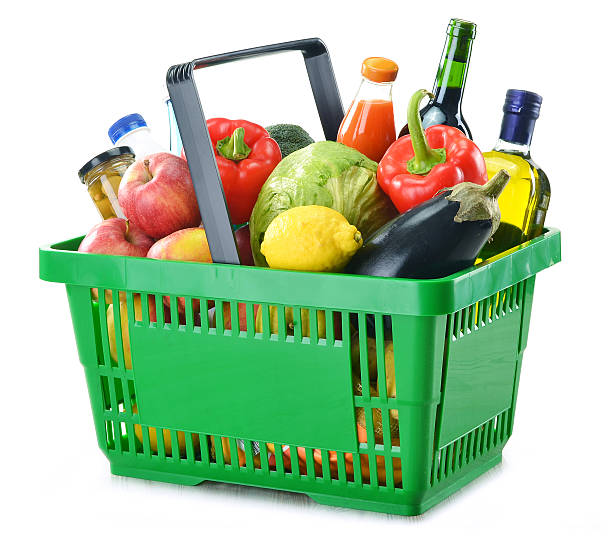 istock Shopping basket with groceries on a white background 154078495