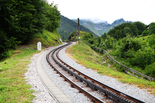 The railway goes uphill in the Alps