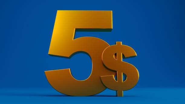 golden five dollars isolated on colored blue background