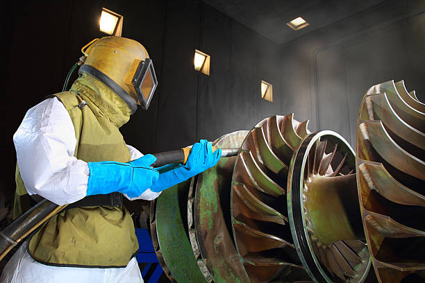 istock Man in protective gear sandblasting a giant metal wheel 154084420