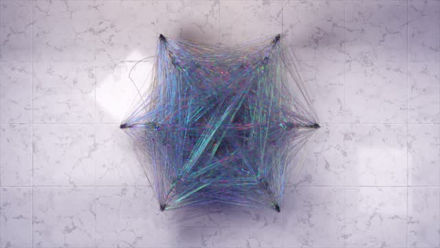 Top view of a crowd of dancing people connected by a transparent blue cobweb. Geometric figure. Entanglement. Star