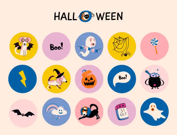 Vector illustration of Halloween stickers set with cute elements in doodle style