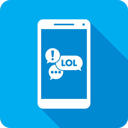Vector illustration of a smartphone with text message speech bubbles against a blue background in flat style.