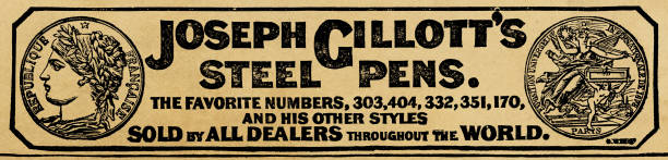 A Victorian era advertisement for Joseph Gillott pens. Vintage etching circa 19th century.