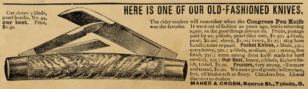 A Victorian era advertisement for Maher & Grosh pocketknives. Vintage etching circa 19th century.