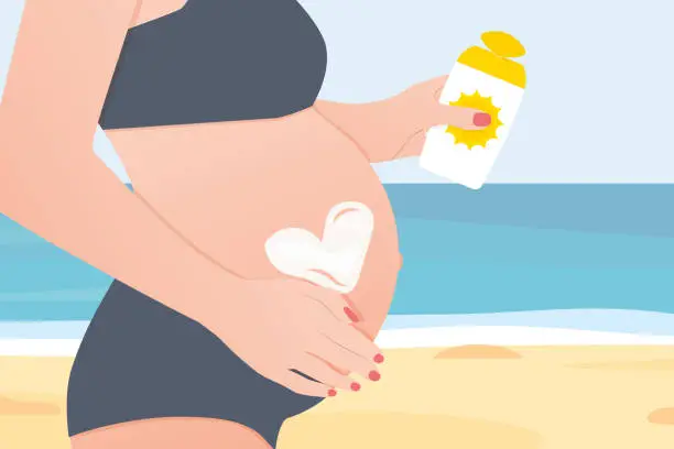 Vector illustration of pregnant woman applying sunscreen lotion at the beach, skin burn, cancer prevention