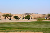 Several sports tourists golfers walk near the desert to their teeing holes. Environmental dehydration and global warming