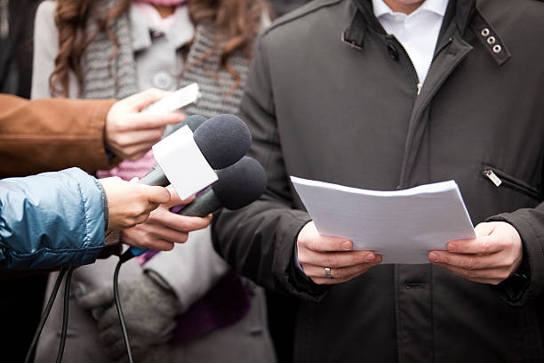 istock Close-up of microphones used for an interview 154101348
