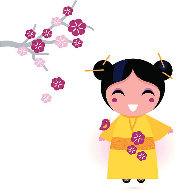 ilustraciones, imágenes clip art, dibujos animados e iconos de stock de asia chica en amarillo quimono aislado en blanco - chica kimono del anime