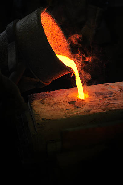 istock Foundry - molten metal poured from ladle into mould 154103492