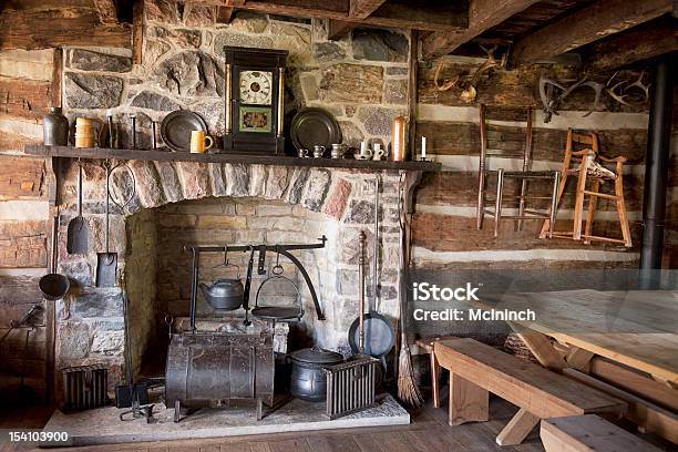 Pioneer Living Room Stock Photo - Download Image Now - Log Cabin, Fireplace, Indoors