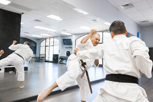 A  senior sensei teaching his senior student karate in a dojo.