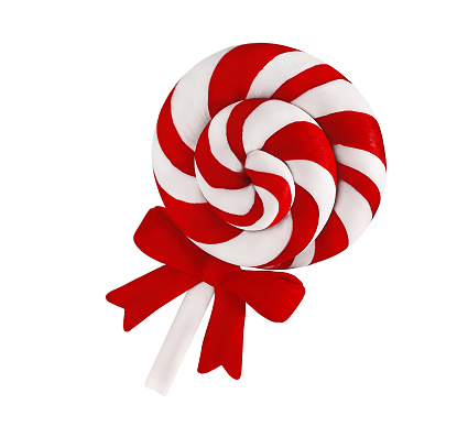 one Christmas candy spiral shape with a bow. highlighted on a white background