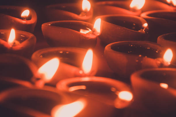 Burning clay lamps - Selective Focus - Clay Oil lamps burning