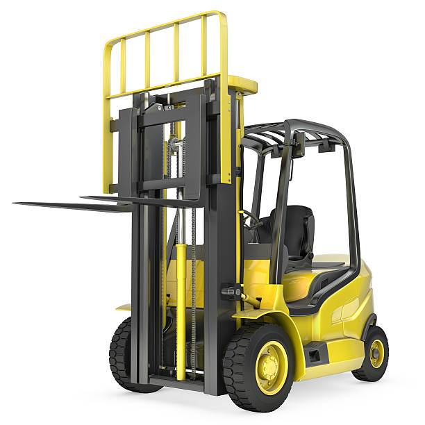 istock Yellow lift truck with raised fork, front view 154111623