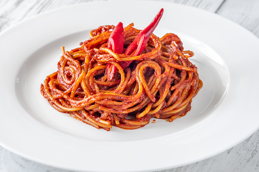 Portion of Spaghetti all'assassina on the white plate