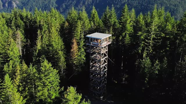 Heybrook Fire Ranger Lookout Tower On Top Of Mountain. Aerial
