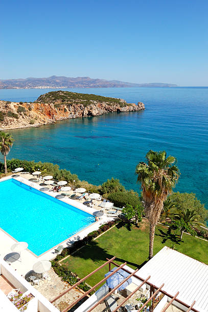 istock Swimming pool at the beach of luxury hotel, Crete, Greece 154121663