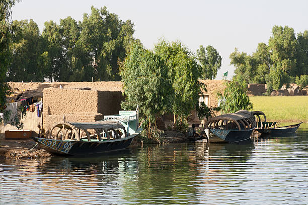 passeggero pirogues alla riva. - niger delta foto e immagini stock