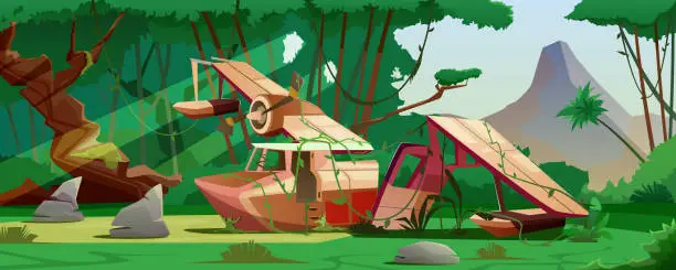 Vector illustration of Crashed plane in the jungle. Plane crash, broken fuselage of a hydroplane in a tropical forest. Rainforest, lawn, highlands with a peak, lost world. Discovery, adventure, cartoon vector illustration.
