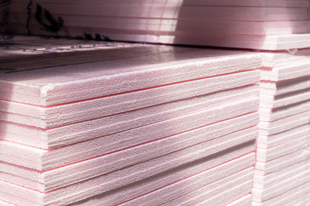 istock Pink Foam Board Product Extruded Polystyrene Insulation Foam XPS with drainage channels on the surface 1541258723