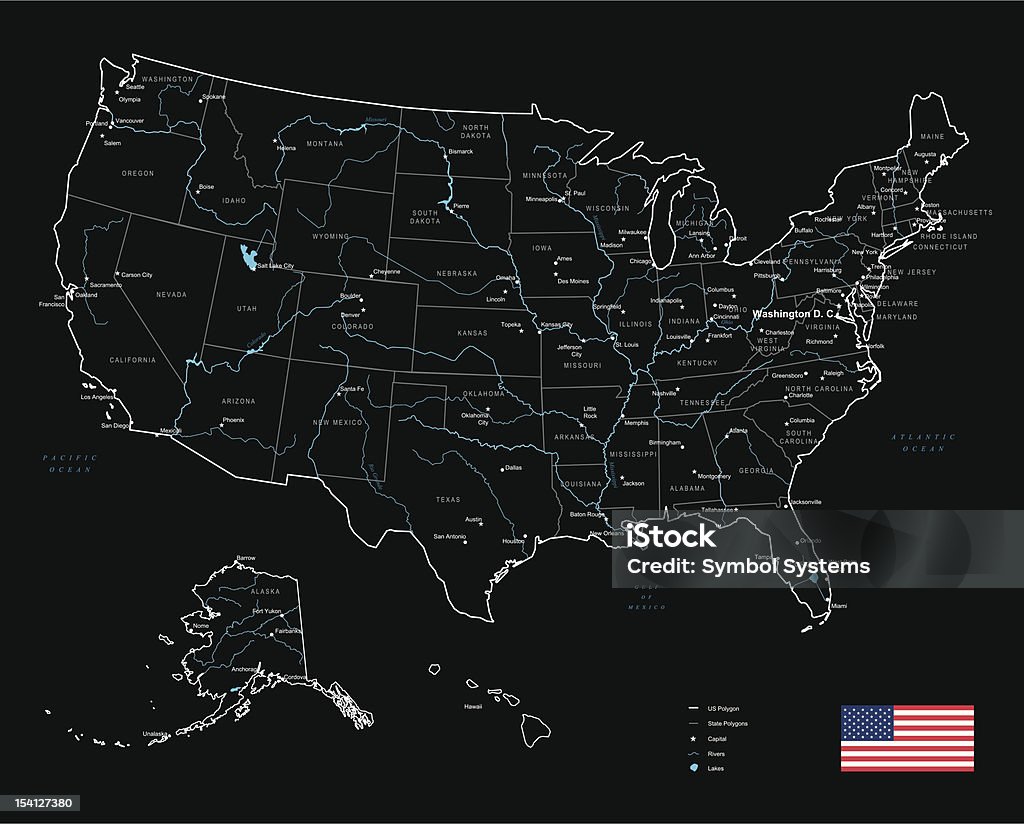 Carte des États-Unis, les villes et les rivières - clipart vectoriel de États-Unis libre de droits