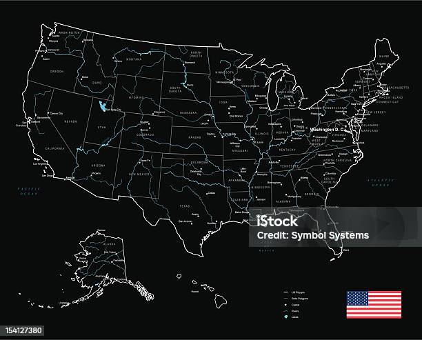 Mappa Di Stati Uniti Damericastati Uniti Città E Fiumi - Immagini vettoriali stock e altre immagini di Stati Uniti d'America