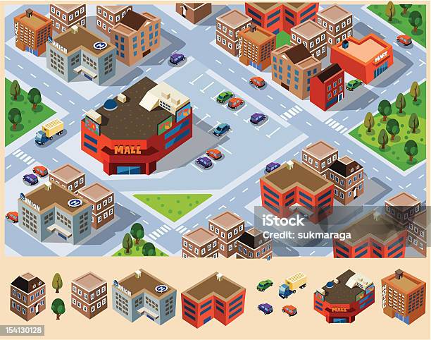 Buildings And Mall In A City Stock Illustration - Download Image Now - City Street, Isometric Projection, City