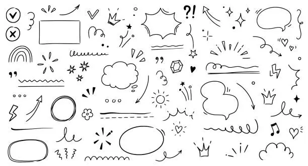 Vector illustration of Hand drawn line highlight, speech bubble, brush underline. Text emphasis, star sparkle, pencil underline elements. Hand drawn sketch cloud speech bubble, arrow, emphasis. Vector
