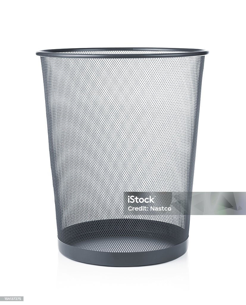 An empty waste paper basket in gray Empty trash, garbage bin isoalted on white background Wastepaper Basket Stock Photo