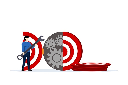 goal setting concept. An action plan for setting goals. Assess ability and passion. Plan clearly and act immediately. Businessman holding wrench to adjust target dartboard. flat vector illustration.