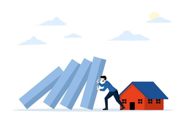 illustrazioni stock, clip art, cartoni animati e icone di tendenza di la crisi immobiliare, il mercato immobiliare degli immobili è depresso. rallentamento dei prezzi immobiliari. l'uomo d'affari ferma l'effetto domino per proteggere la casa. illustrazione vettoriale piatta su sfondo bianco. - domino despair finance debt