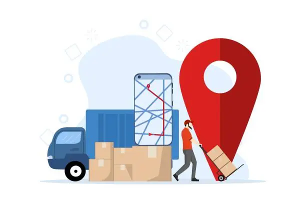 Vector illustration of Transportation logistics, Warehouse workers unload goods from trucks. Fast delivery service by van. Car with stacks of parcels and smartphone with mobile app. flat vector illustration.