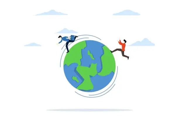 Vector illustration of international work abroad concept, global business competitors, agile world change innovation, businessmen compete by escape and catch each other in the world, planet earth. flat vector illustration.