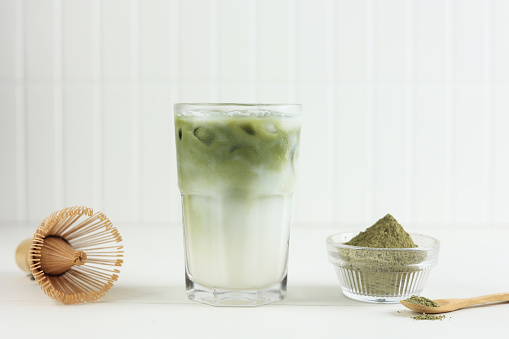 Iced Matcha Latte Green Tea on White Background, Copy Space for Text