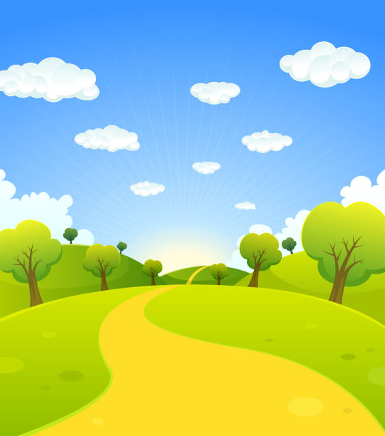 Spring Or Summer Cartoon Landscape Vector illustration of a cartoon summer or spring season country landscape, with road trail leading towards horizon. File is EPS10 and uses light transparency at 20% for the star sunbeams at the background. Vector eps and high resolution jpeg files walking backgrounds stock illustrations