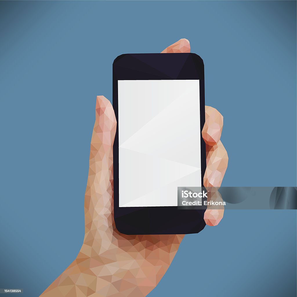 Triangle Hand Holding Smart Phone Triangle Hand Holding Smart Phone on Blue Background.  Blogging stock vector