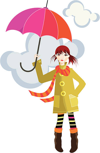 Menina e vermelho guarda-chuva - ilustração de arte em vetor