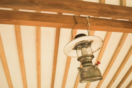 Electric paraffin pressure lamps or kerosene lamp pressure lantern. Old traditional storm lamps.