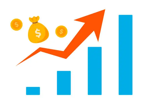 Vector illustration of Bar Chart with Growth Chart Arrow, Dollar Coin and Money Bag.