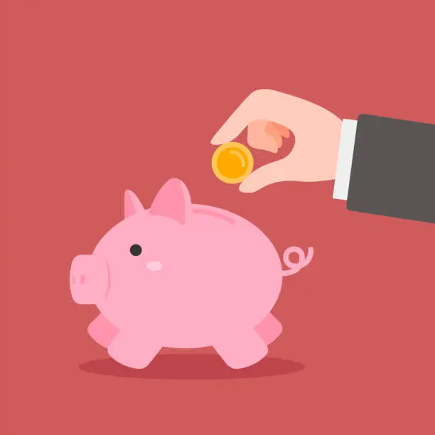 Vector illustration of Money Savings, Hand Putting Coin a Piggy Bank. Red Color Background.