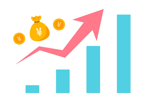 Bar Chart with Growth Chart Arrow, Japanese Yen Coin and Money Bag. Vector illustration isolated on a white background.